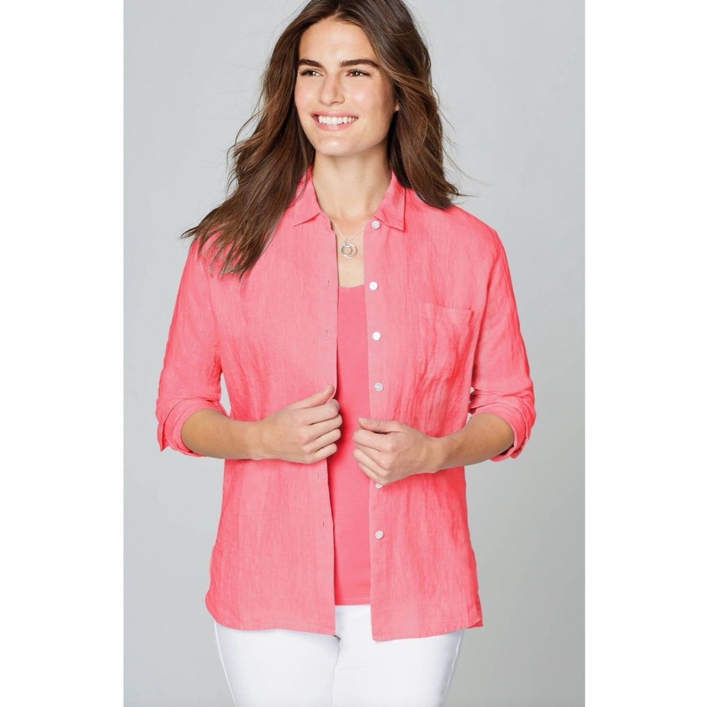NWT J Jill Womens XL Love Linen Long Sleeve Button Up Shirt Teaberry Pink Beach